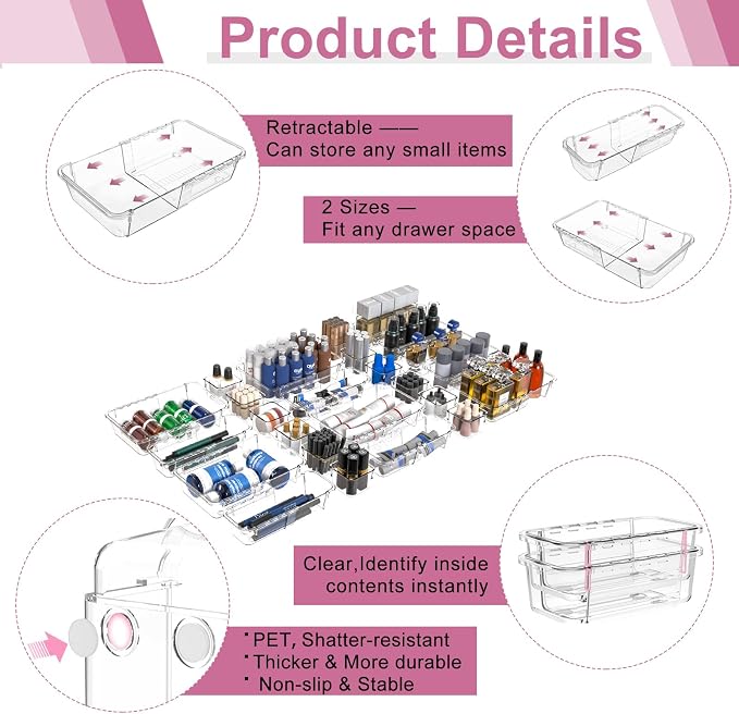 16 Pcs Extendable Clear Drawer Organizer, All Adjustable Vanity Storage Box, 2-Size Desk Drawer Organizer, Durable Storage Bins for Makeup, Cosmetic, Bedroom Dressers Tool Organizer for Gadgets