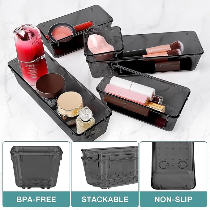 16 PCS Drawer Organizer Set, 5 Size Bathroom and kitchen organizer Trays | Bathroom and kitchen Drawer cabinet organizer Trays, Clear Storage Bins for Makeup, Jewelry, Utensils and Gadgets