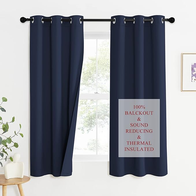 NICETOWN Bedroom Sound Reducing Curtains 2 Panel Set, Cold, Heat, and Nearby Highway Noise Blocking Drapes, Inside Detachable Felt Liner 100% Blackout Curtains for Daytime Sleep (Navy, 63" Long)