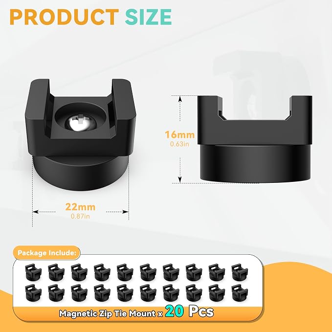 20 Pcs Magnetic Zip Tie Mount Base 26lbs Strong Magnetic Zip Tie Holder Multipurpose Magnet Cable Tie Clips Holder Wire Management Clips for Home Office Marine Electrical Wiring Organization Black