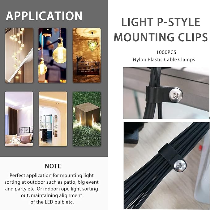 mankk 50PCS 1/2 Inch Rope Light Clips P-Style Mounting Clips Plastic Cable Clamps with Compatible Stainless Steel Pan Head Phillips Screws for Wire Management M-030-BK-LS