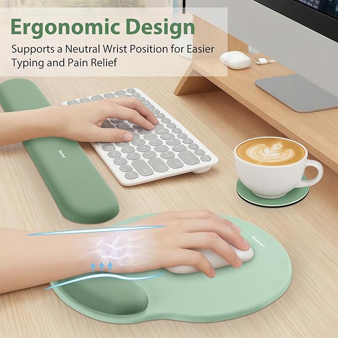 Mouse Pad and Keyboard Wrist Rest, 3-in-1 Gel Memory Foam Ergonomic Mouse Pad with Wrist Rest Set,Gaming Mousepad Arm Cushion Support for Computer Office Desk Accessories Cute Setup,Sage Green