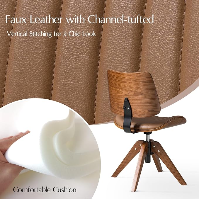 HULALA HOME Faux Leather Home Office Desk Chair No Wheels, Camel | Mid-Century Modern Desk Chair with Wood Legs, 360° Swivel Computer Task Chair with Channel-Tufted Backrest, Height Adjustable