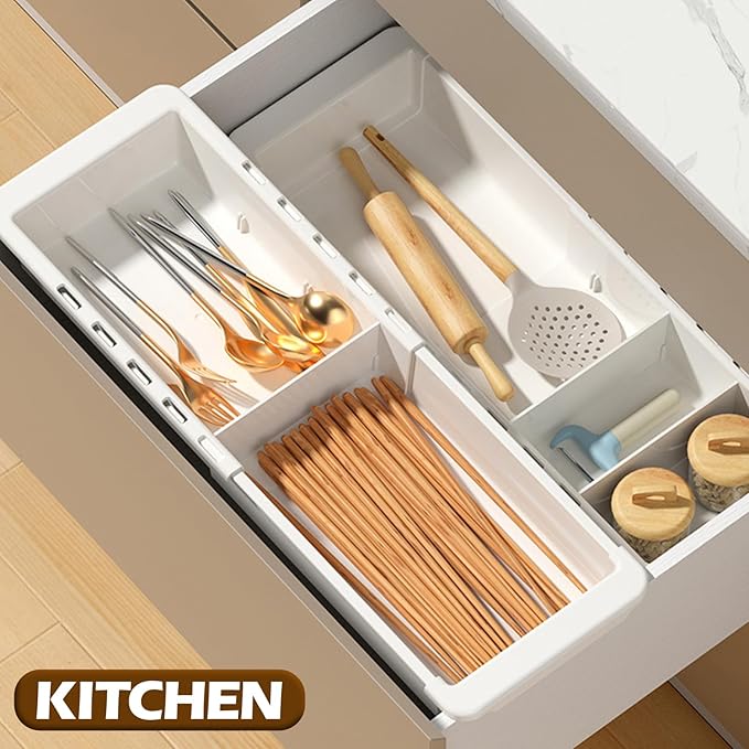 Deep Drawer Organizer, Expandable Drawer Organizer, Plastic Tray with Dividers - White