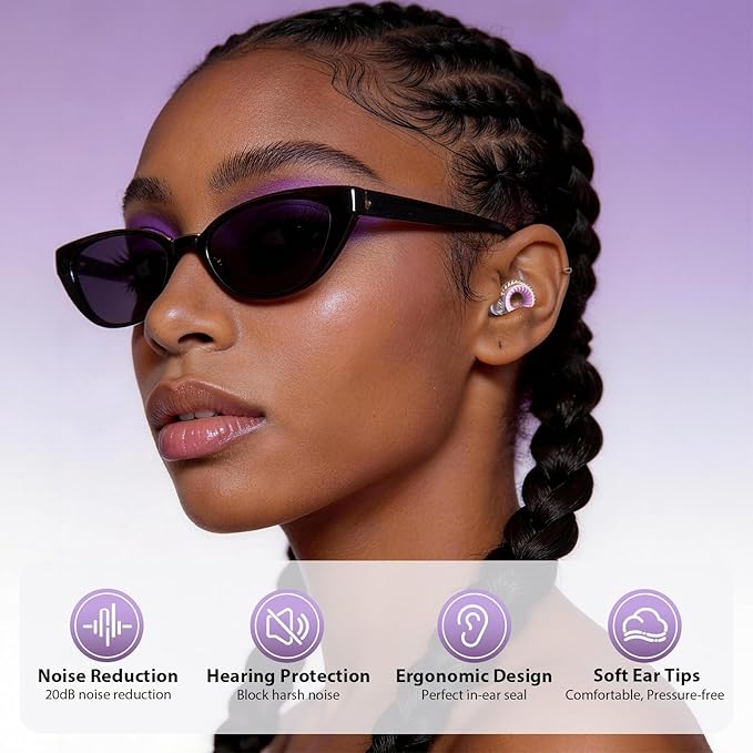 Yawsoy Concert Ear Plugs 2-Pack – High Fidelity Ear Plugs for Concerts, Music Festivals, Raves & DJs – 20dB Noise Reduction Earplugs with Hi-Fi Filters & 3-Size Silicone Ear Tips (Purple)