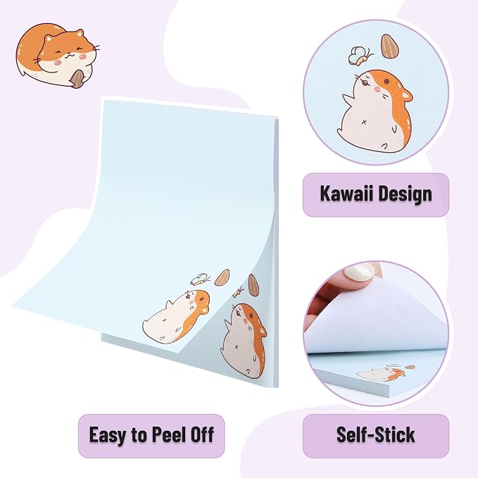 Mr. Pen- Aesthetic Sticky Notes, 3"x3", 8 Pads, 400 Sheets, 4 Designs | Tiny Hamster Sticky Notes, Self-Stick Note Pads Aesthetic, Perfect for Office, School, Home, Study & Organization