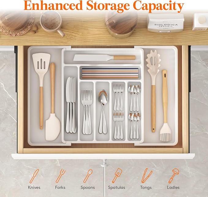 Lifewit Utensil Organizer for Kitchen Drawer, Expandable Cooking Silverware Tray, Adjustable Cutlery Flatware Holder, Plastic Spatula Tools Storage Divider, 13-22.4 x 15", White