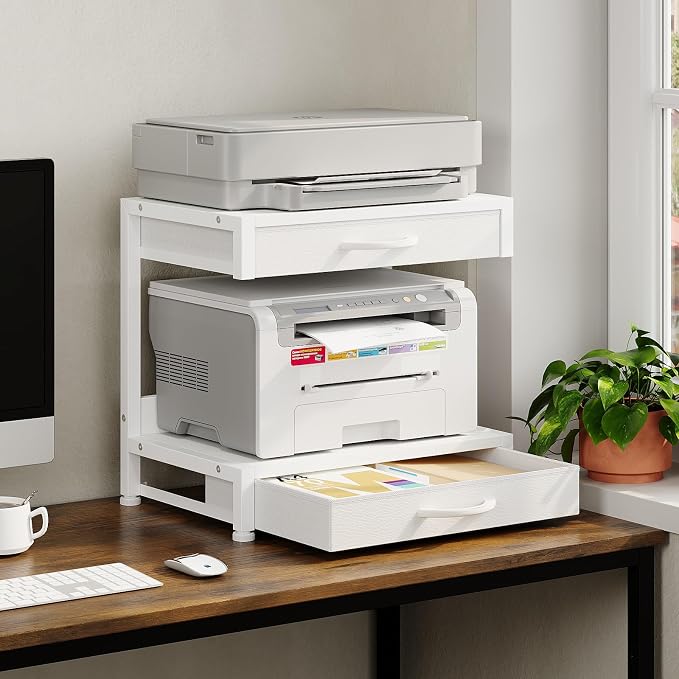 VENNQD 2-Tier Desktop Printer Stand with 2 Fabric Drawers, Prtiner Table with Storage Shelf, Desk Organizer for Home Office,3D Printer,Fax Machine,Scanner (White, 2 Tier)