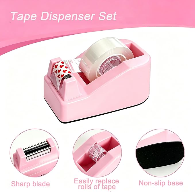 Office Supplies Set Rotating Pen Holder for Desk with Stapler Staple Remover Tape Dispenser,2pcs Tape Refills, Binder Paper Clips Kit, Scissor,Pen Ruler & Sticky Tabs,Pink Office School Supplies(Pink)