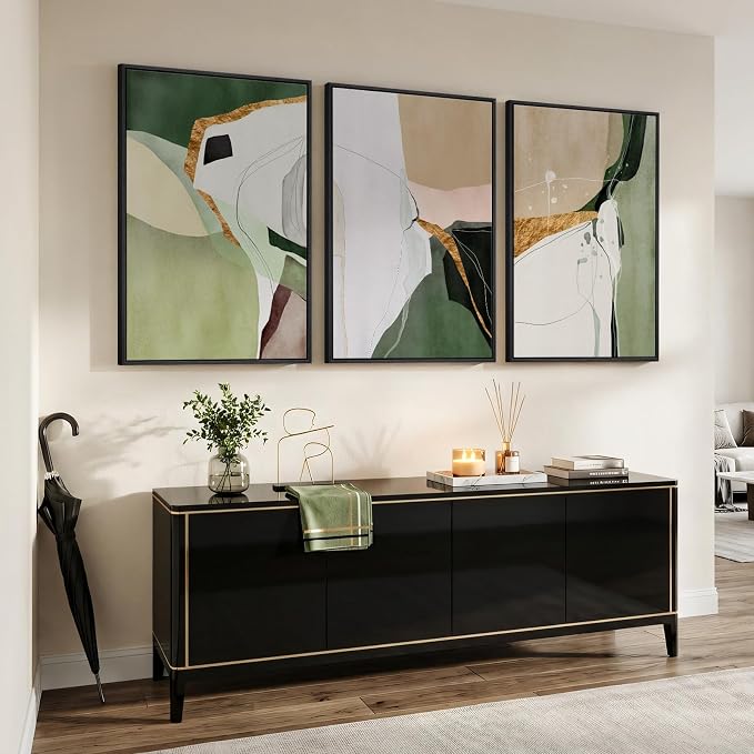 Large Framed Sage Green Abstract Wall Art for Living Room, 3 Piece Modern Canvas Prints Paintings Artwork for Walls, Green Beige Gold Block Pictures Wall Decor for Bedroom Dining Room Office 24x36 In