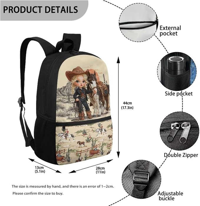 WELLFLYHOM Western Cowgirl Horse Backpack for School Girls 6-8, 4 in 1 Set | Book Bag with Lunch Box Pencil Case Water Bottle Sleeve Elementary Students School Bag Set Kids Back to School Supplies
