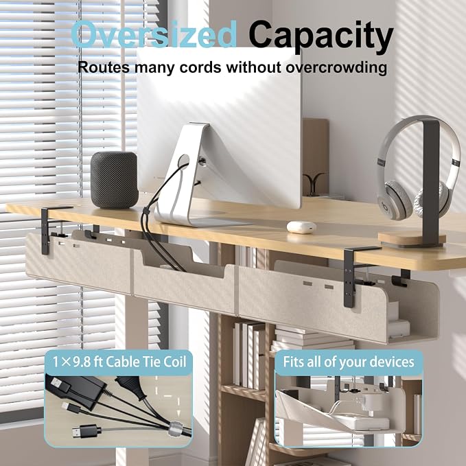 No-Drill Under Standing Desk Cable Management,47.2" L,Beige | Upgraded 0.25" Heavy-Duty Felt Cable Organizer,Desk Wire Management Tray with Clamp or Screw Mount, for Home Or Office