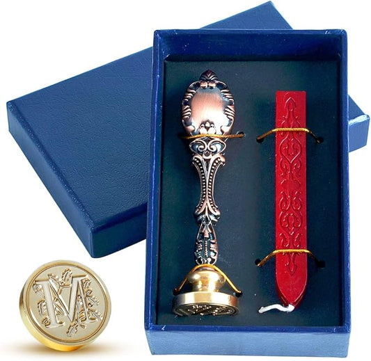 Wax Seal Stamp kit, Envelope Wax Seals DIY Kit - Retro Sealing Wax Candle + Classic Initial Alphabet Seal Wax Seal Stamp Letter M - in Blue Gift Box
