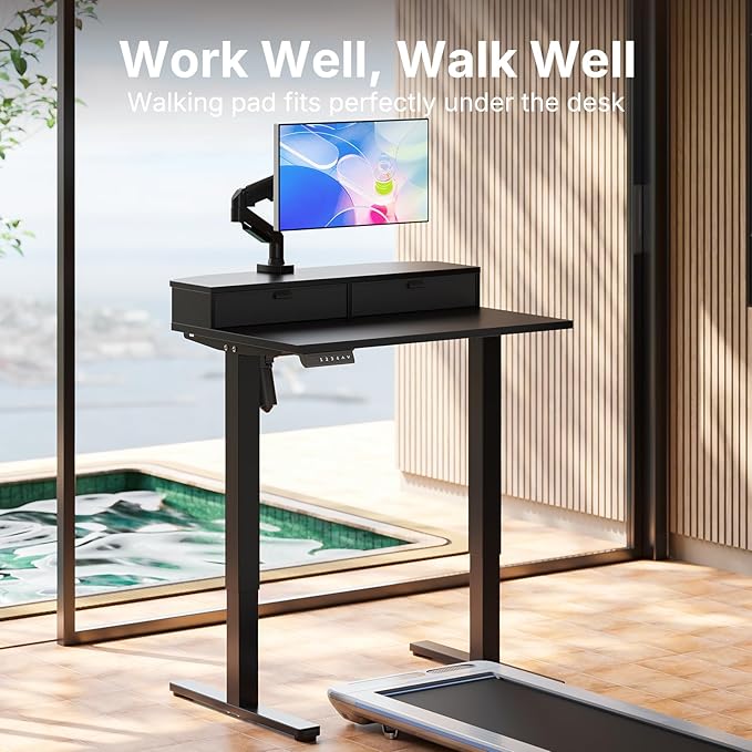 HUANUO 32 x 21 inch Small Electric Standing Desk with 2 Drawers, C-Clamp Mount Compatible, Height Adjustable Sit Stand Desk, Home Office Stand Up Desk with 4 Memory Height Settings, Black