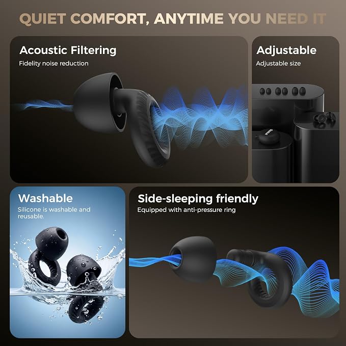 Jet Black Ear Plugs for Sleeping, 28dB Soft Silicone Earplugs for Side Sleepers, Reusable Washable Noise Reduction Ear Plugs for Travel, Rest & Focus, 4 Sizes