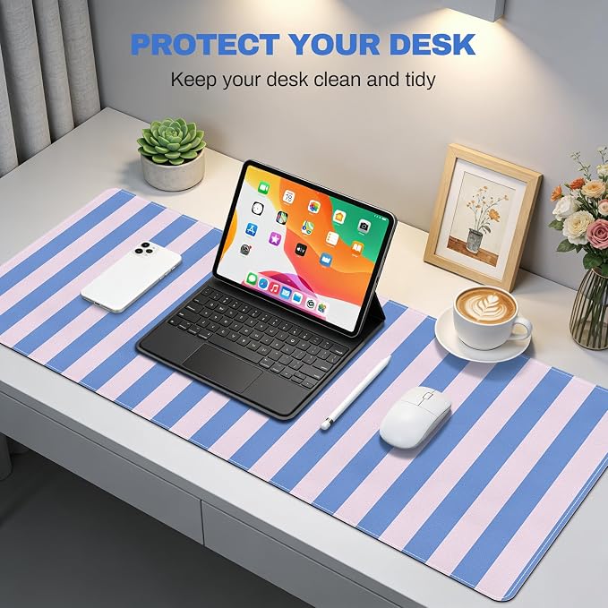 Leather Desk Pad Protector, Striped Mouse Pad, Blue Pink Office Desk Mat, Non-Slip PU Leather Desk Blotter,Laptop Desktop Pad Waterproof Desk Writing Pad for Office Home