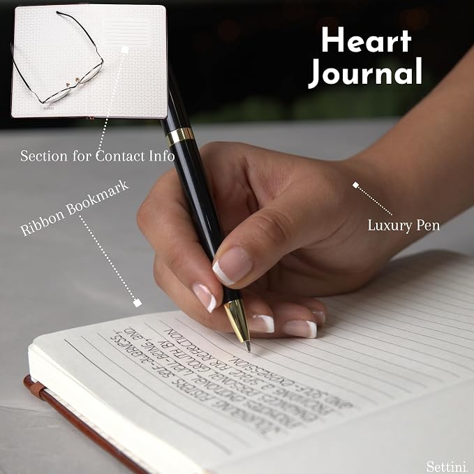 SETTINI® Lined Journal - Heart Journal for Writing Gift Set - Hardcover Vegan Leather, Includes Luxury Pen in a Unique Pen Holder, 192 Pages, 6 x 8.5 inches - Father Day Gift