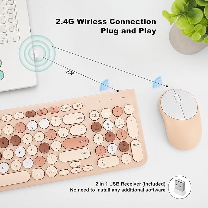 Wireless Keyboard and Mouse Combo, Retro Typewriter Keyboard with Round Keycaps, 2.4GHz USB Cute Wireless Keyboard Mouse for Computer, Desktop, Laptop (Milk Tea Colorful)