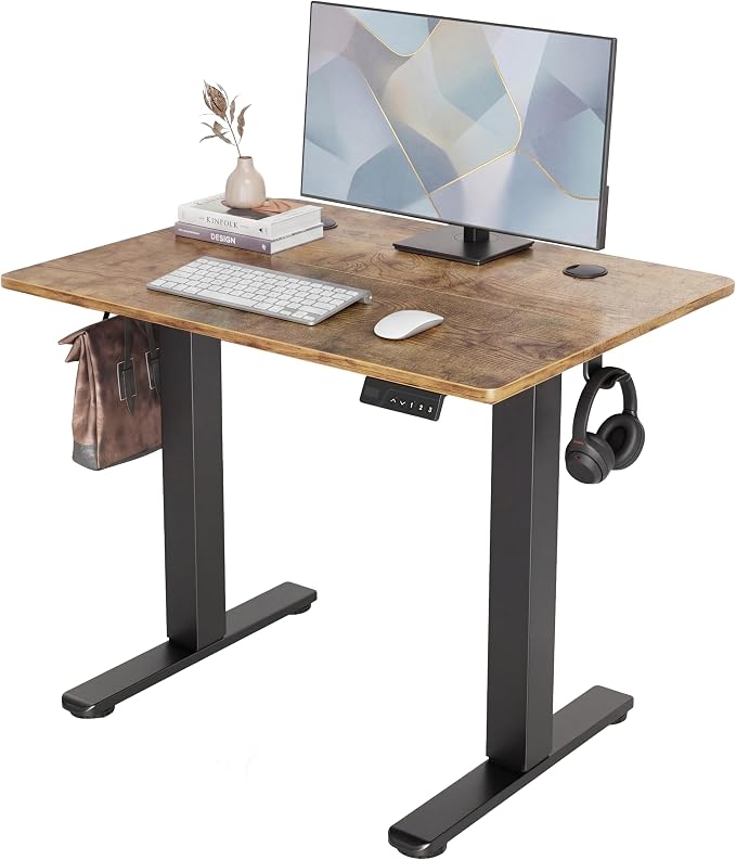 Claiks Electric Standing Desk 32x19 Inch Adjustable Desk, Rustic Brown | 156lbs weight capacity, 3 memory presets, industrial steel frame, cable management hub, adjustable height , easy assembly