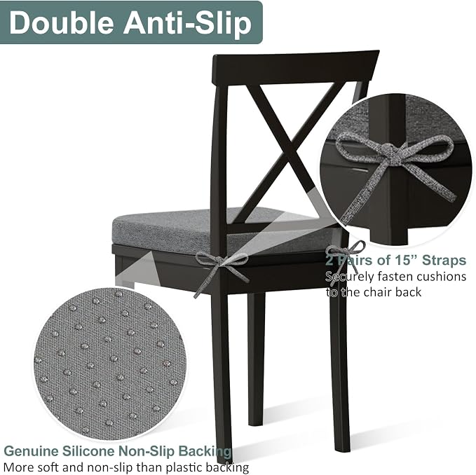 Shinnwa Kitchen Chair Cushions Set of 6, Patented Design Memory Foam Dining Chair Pads with Ties and Washable Cover, 6 Pack, 17" x 16" x 2", Dark Grey