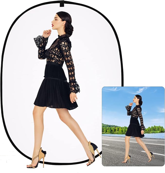 5 * 6.5 ft (2mX1.5m) 2 in 1 Polyester Muslin Black White Collapsible Backdrop Pop-Up Portable Collapsible Reversible Photography Background with Carrying Bag