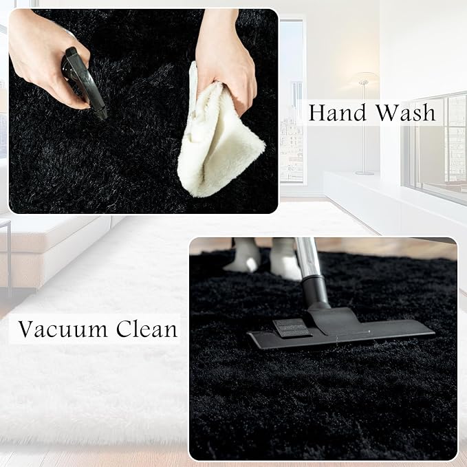 Black Area Rug for Bedroom, 3x5 Rugs for Living Room Nursery Kids Room Dorm Home Decor Aesthetic, Fluffy Shaggy Rug with 4 Anti-Slip Carpet Tapes