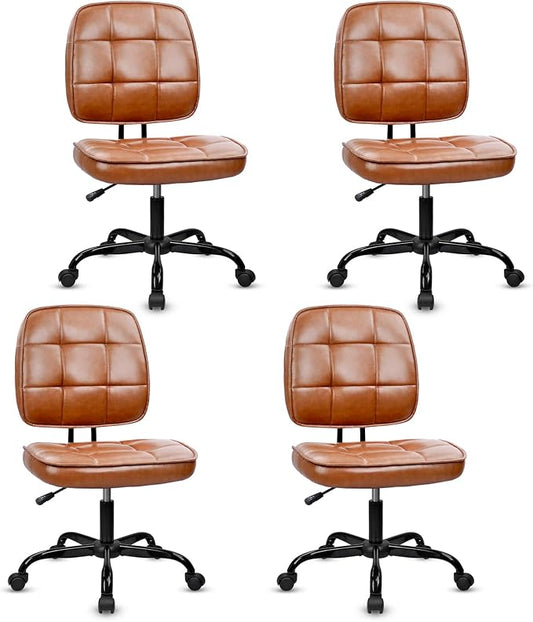 CLATINA Home Office Chair No Arms with Wheels, Armless Small Leather Ergonomic Low Back Desk Chairs Adjustable Height 360° Swivel Rolling Computer Task Chair for Work Conference Room, Brown, 4 Pack