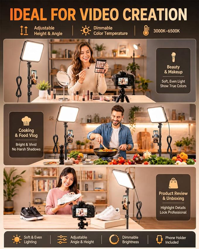 Torjim 12 Inch Video Light Kit for Creators, 30W High Brightness Studio Lights with Tripod Stand & Phone Holder, 3000-6500K Adjustable Photography Lighting for Clearer YouTube Streaming Home Studio