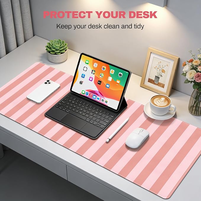 Leather Desk Pad Protector,Orange Striped Office Desk Mat, Large Mouse Pad PU Leather Desk Blotter, Waterproof Laptop Desk Writing Pad Computer Keyboard Pad for Office Home