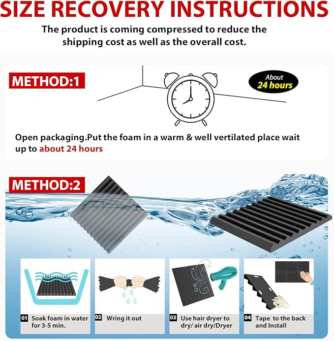 FONESO Acoustic Foam Panels, Sound Proof Foam Panels for Walls, High Desnsity Studio Soundproofing Wedges - Fire Resistant & Noise Absorbing for Studio, Office, Home (Black, 1"x12"x12" 24Pack)
