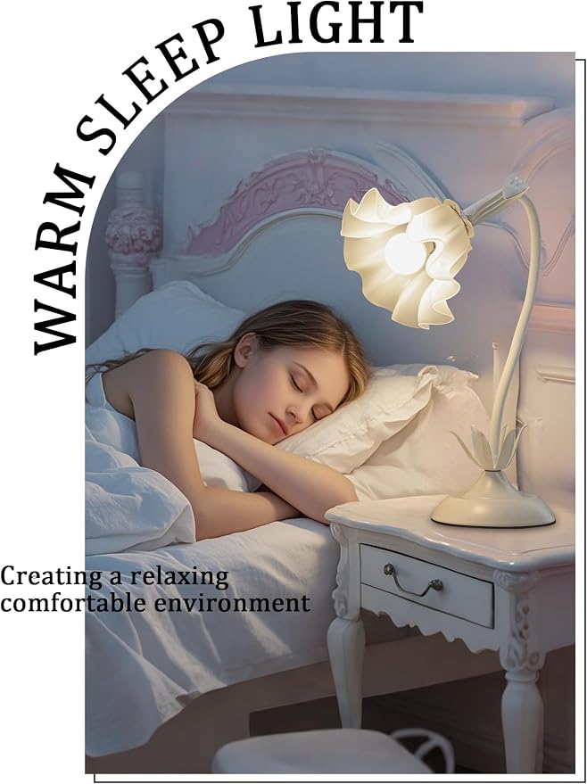 AQDZCNF Flower Table Lamp,LED Reading Light Bedside Vintage Flower Night Light,3 Colors Modes Kawaii Bedside Lamps Decor,Living Room Bedroom Room Lighting Table Lamps Home Decoration (White)