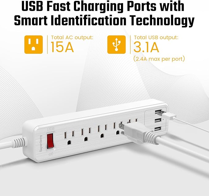 Power Strip, SUPERDANNY Surge Protector, 5 Outlets, 3 USB Ports, 4.5 Ft Extension Cord, 900 Joules, Mountable, Overload Switch, Protected Indicator Light, Multiple Protections for Home Office, White