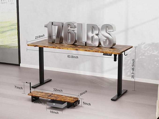 WALKINGDESK 63x24 Inches Electric Standing Desk with Drawer and Monitor Stand, Height Adjustable Sit to Stand up Desk for Home Office, Ergonomic Computer Table with Phone Holder, 3 Hooks, Rustic Brown