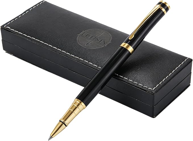 LUHSIN Premium Black Lacquer Rollerball Pen with Gold Trim - 0.5mm Smooth Writing Business Pen, Luxury Executive Gift Set for Men & Women, Office Signature Pen