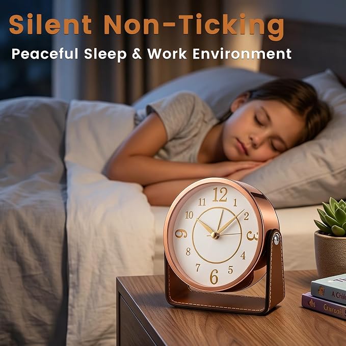 Analog Alarm Clock - 4.5" Silent Non Ticking Small Clock with Light, Rotatable Stand Metal Desk Clock Battery Operated, Simple Design for Living Room Decor/ Bedroom/Bedside/Shelf (Rose Gold & Brown)