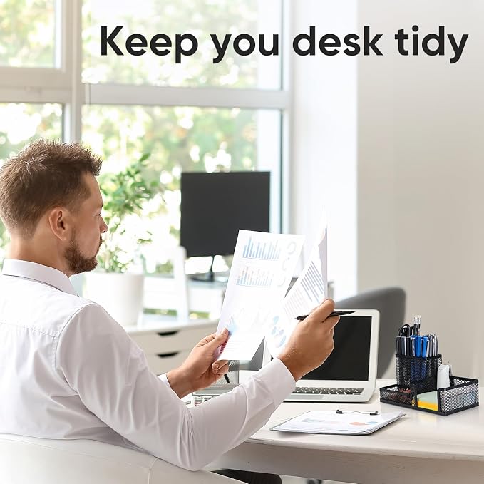 deli Mesh Desk Organizer, Black | Office Supplies Caddy with Pencil Holder and Storage Baskets for Desktop Accessories, 3 Compartments