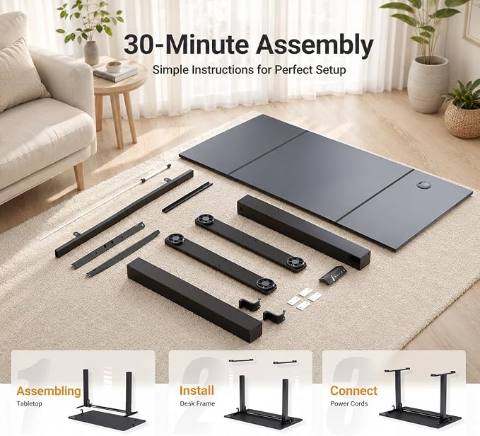 Claiks Electric Standing Desk, 48x24 Inch, Black | Adjustable height for sit-stand, 156lbs capacity, scratch-resistant surface, 3 memory presets, cable management & hook.
