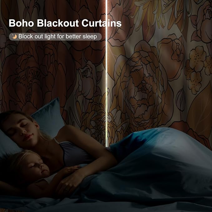 Boho Floral Blackout Curtains for Bedroom, Bohemian Patterned Black Out Curtains 84 inch Long, Spring Room Darkening Curtains for Living Room, Thermal Insulated Window Bedroom Curtains 2 Panels Set
