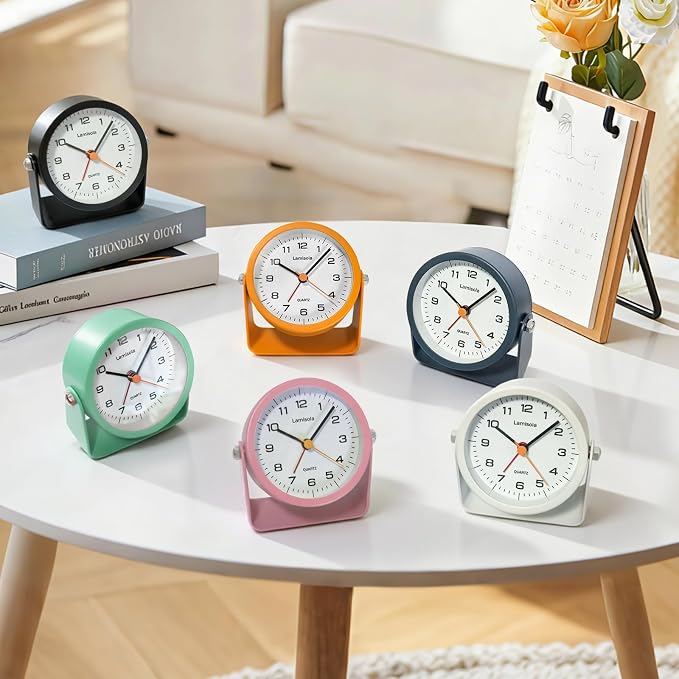 Lamisola 3.5 Inch Small Desk Battery Clock, Black Alarm Clock for Bedroom | Travel Clock for Bathroom Table Shelf Bedside, Cute Metal Vintage Silent Night Light Snooze for Kids Seniors