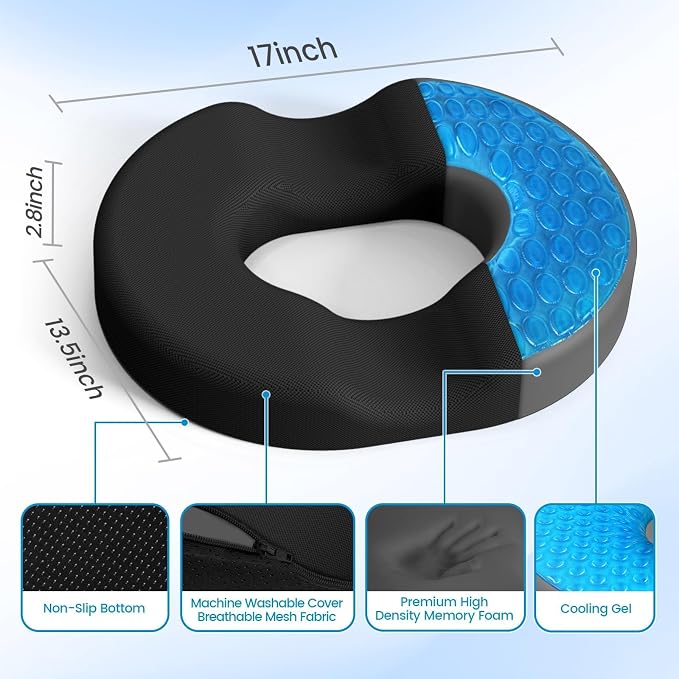 Donut Pillow Seat Cushion, Cooling Gel Memory Foam Chair Cushion, Black | Office, Home & Car Seat Cushion, Butt Pillow for Tailbone Pain Relief, Hemorrhoids and Everyday Sitting Comfort