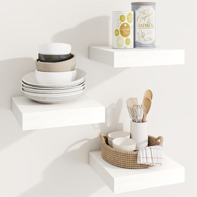 Square Floating Shelves for Wall, 10"W x 10"D x 1.25"H, 3 Packs Small Wall Mounted Engineered Wood Shelves with Invisible Brackets for Living Room, Bedroom, Bathroom, Kitchen Decor, White