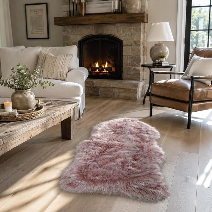 EasyJoy Faux Sheepskin Rug, Fluffy Faux Fur Rug, Ultra Soft Shag Area Rug with Non-Slip Backing for Bedroom, Living Room, Nursery, Kids Room(2 x 3 ft Sheepskin, Frosted Bottom Pink)
