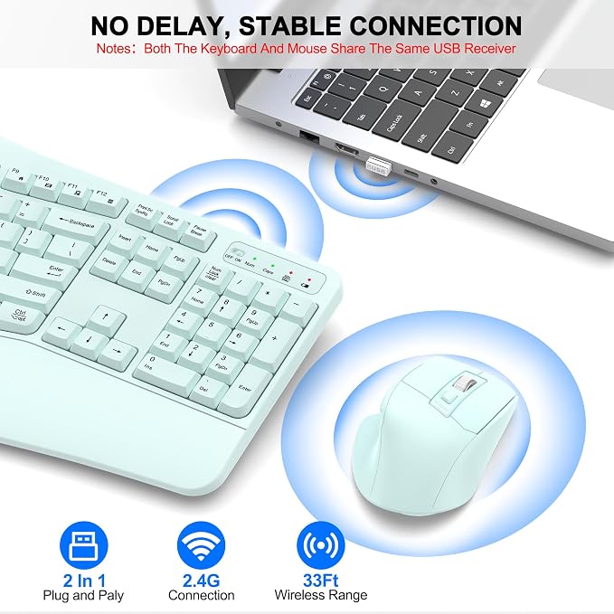 Wireless Keyboard and Mouse Combo, 2.4G Full Size Wave Keys Ergonomic Keyboard with Wrist Rest and 3-Level DPI Adjustable Wireless Ergonomic Mouse for Windows, Mac OS Desktop/Laptop/PC(Mint Green)