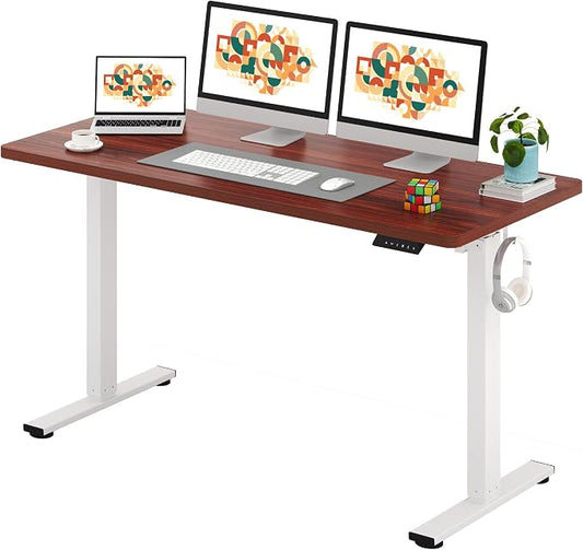 SANODESK One-Piece Electric Standing Desk, Seamless 60 x 24'' Ergonomic Height Adjustable Sit Stand Desk with Memory Presets for Home Office Computer Workstation, White Frame/Mahogany Top