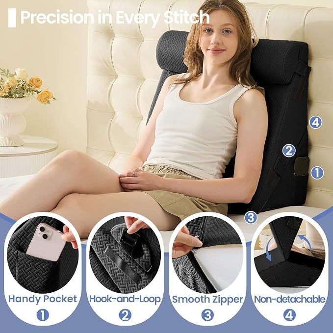 Sasttie Adjustable Wedge Pillow Set for After Surgery, Black | Bed Wedge Pillow Headboard with Memory Foam Neck Cushion, for Acid Reflux, Sleeping, Neck & Back Support