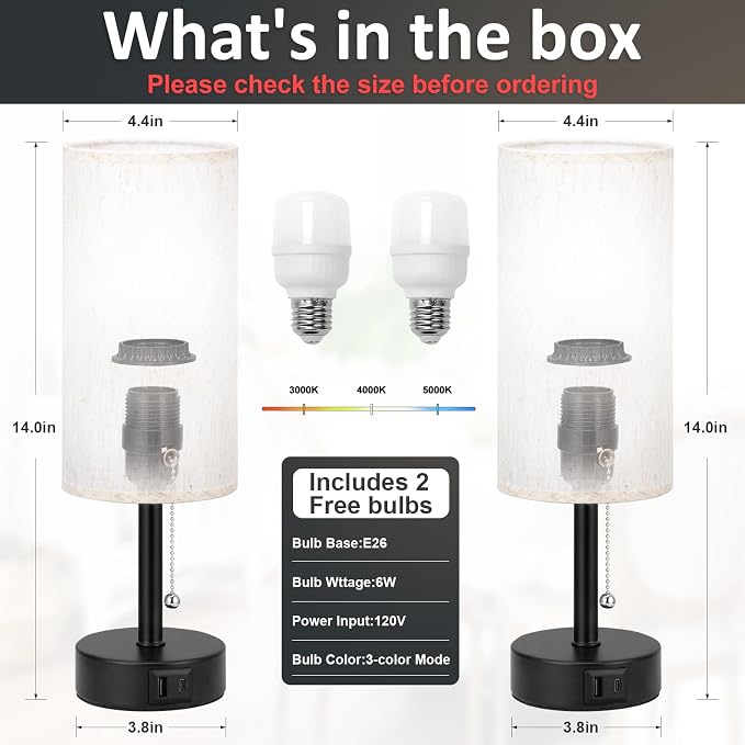 Fenmzee USB Bedside Table Lamps Set of 2-3 Color Temperatures Pull Chain Lamp with USB C and A Charging Ports, Round Night Stand Lamps for Bedroom