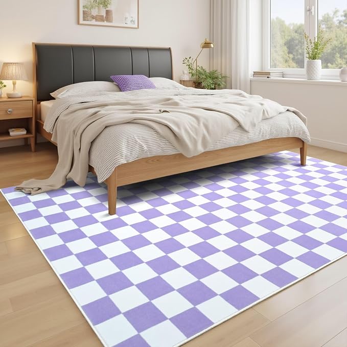 Terrug Purple and White Checkered Rug for Living Room,5x7 Area Rugs Washable with Non Slip for Bedroom,Soft Low Pile Stain Resistance Retro Carpet for Dorm Kids Room