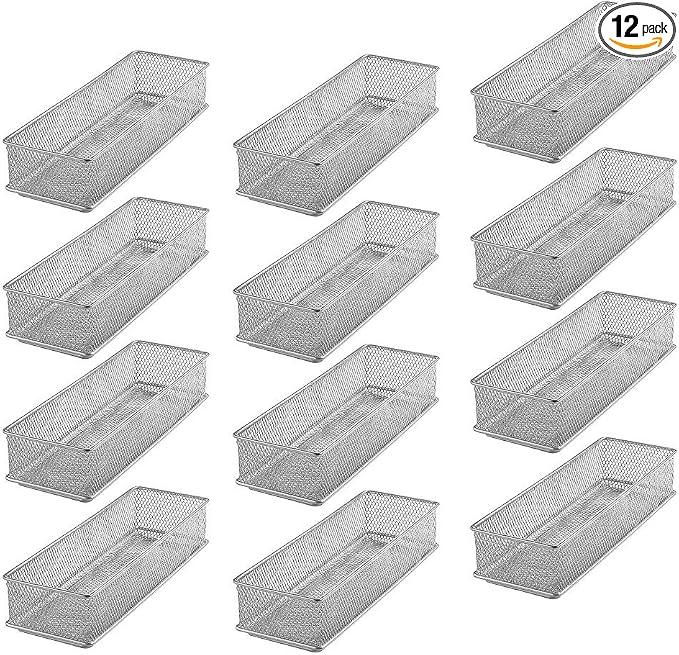 YBM HOME Silver Mesh Drawer Cabinet and or Shelf Organizer Bins, School Supply Holder Office Desktop Organizer Basket (12, 3x9x2 Inch)