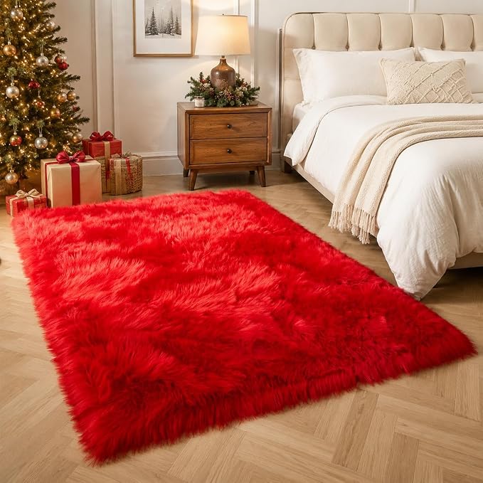 EasyJoy Ultra Soft Faux Fur Rug Fluffy Sheepskin Rug for Bedroom Living Room Sofa Bedside Floor(4 x 6 ft Rectangle, Red)