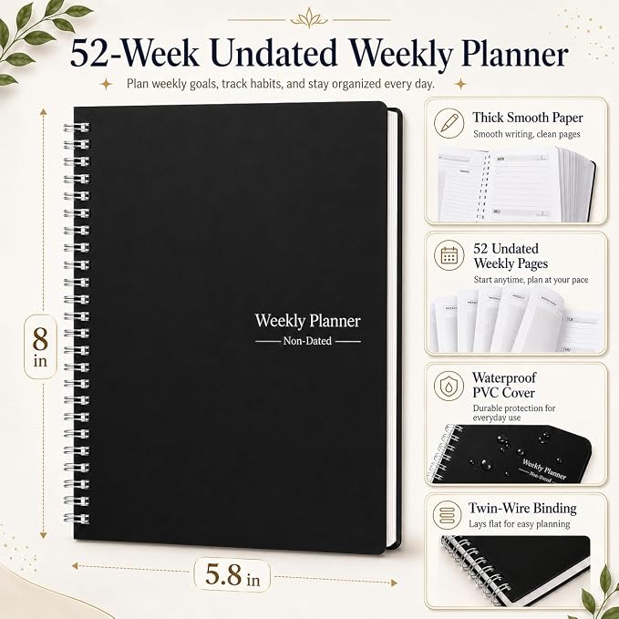 Undated Weekly Planner Notebook, 52-Week To-Do List Organizer with Weekly Goals, Habit Tracker and Priority Planner, Spiral Bound 5.8" x 8" Planner for Women and Men